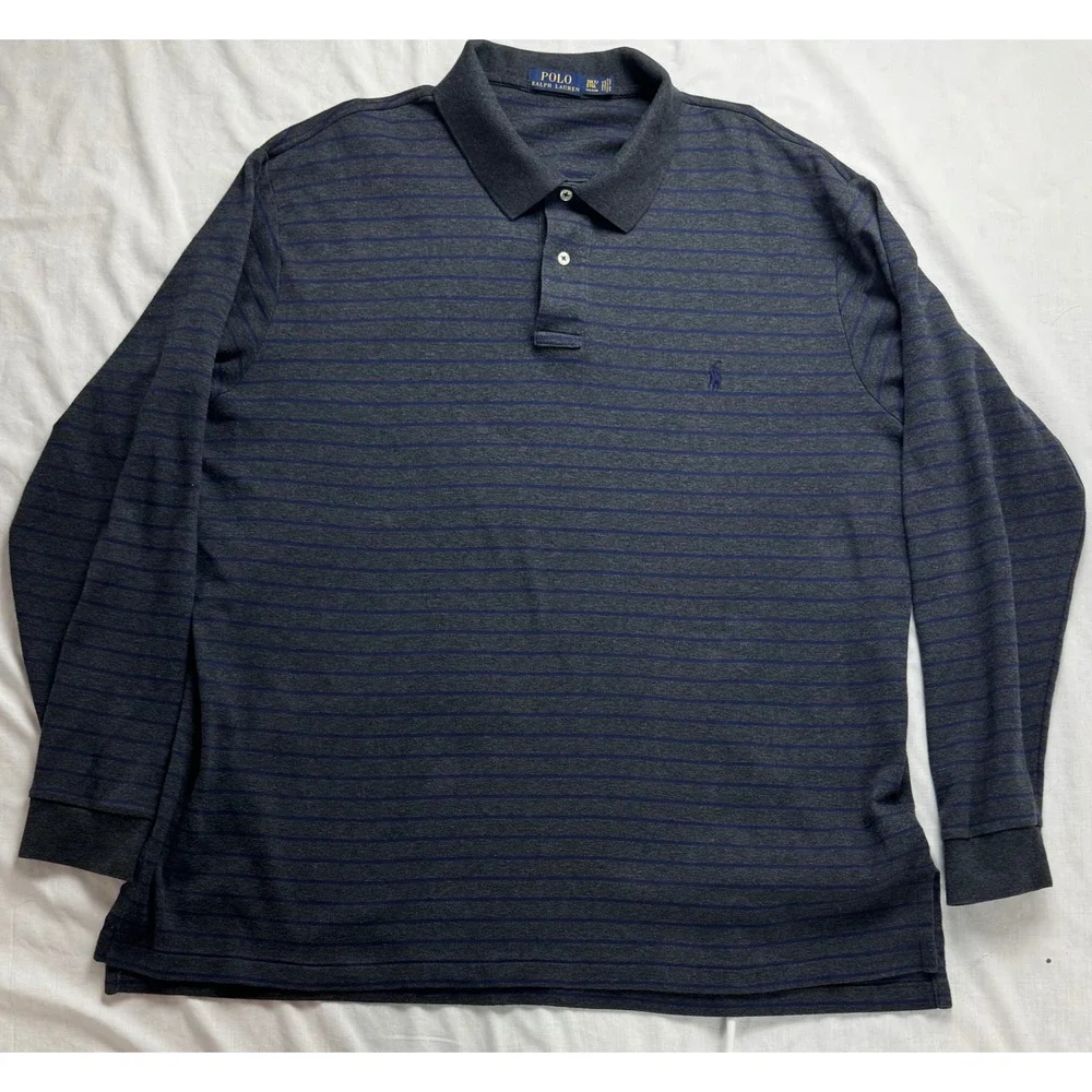 Polo Ralph Lauren Mens 3XLT Long Sleeve Striped Polo Shirt Grey Navy Blue‎ Tall
